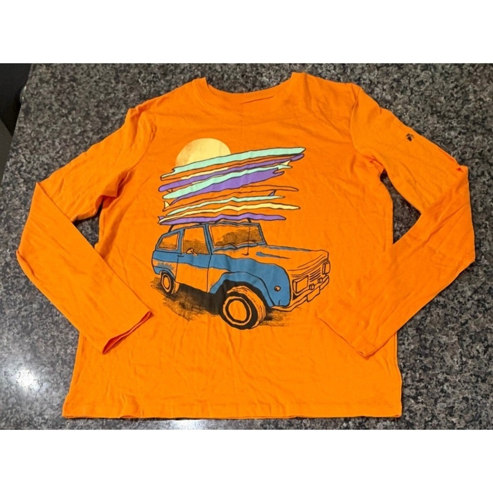 Lands End Boys XXL 18-20 Orange Long Sleeve Surf SUV Graphic Tee Shirt